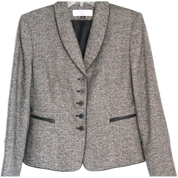 Tahari Arthur S Levine Blazer Wool Blend Fitted Gray Black Piping Accents Sz 4P - Picture 1 of 6